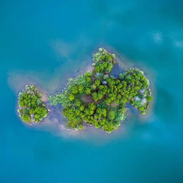 A small green island in blue sea, seen from above